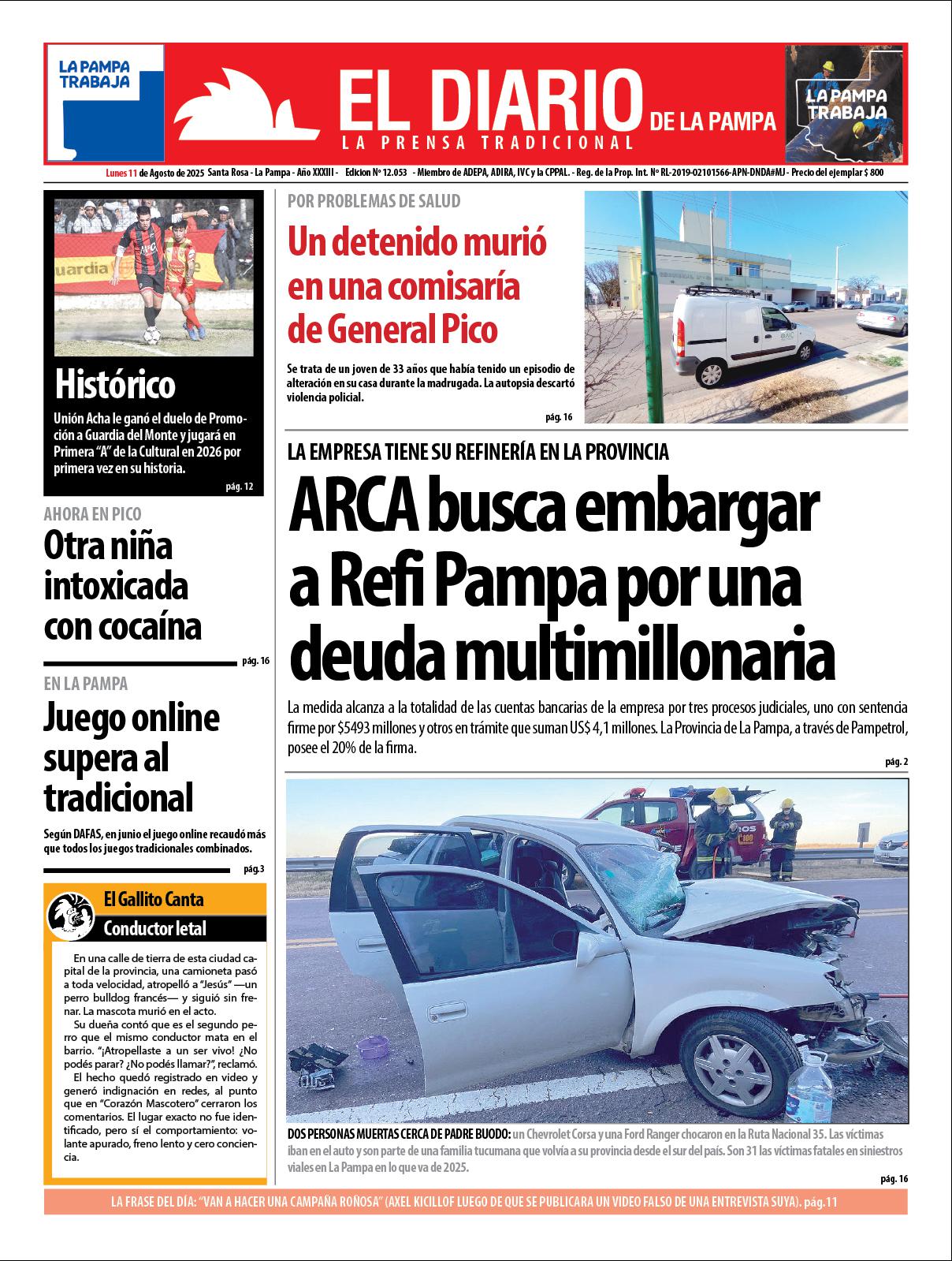 Tapa de El Diario en papel  lunes 11 de agosto de 2025